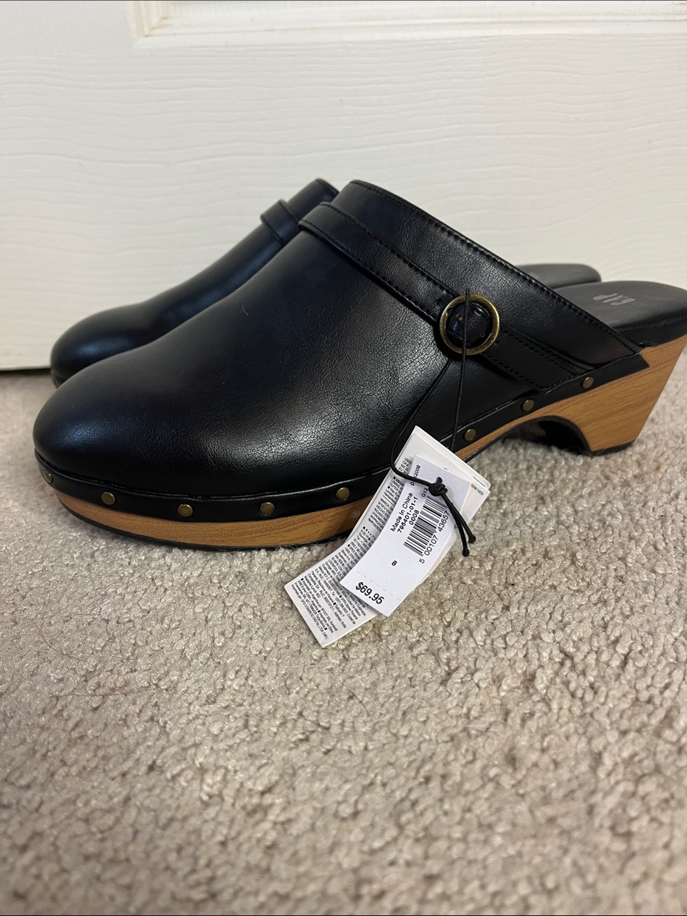 GAP Black Leather Clog Mule with Wood-Effect Heel and Brass Studs